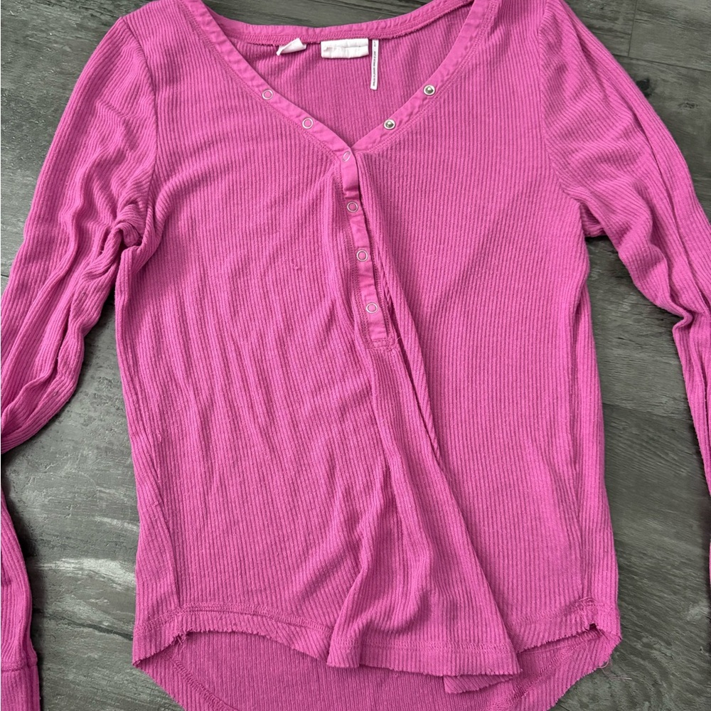 Urban Outfitters Magenta Ribbed Henley Long Sleeve Top
